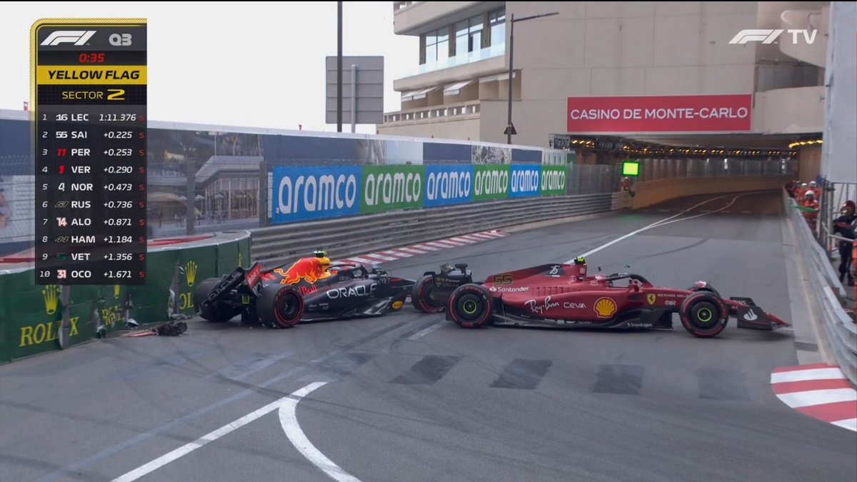 Sainz se encontró con el coche cruzado de Pérez en Portier. (Imagen TV F1TV)