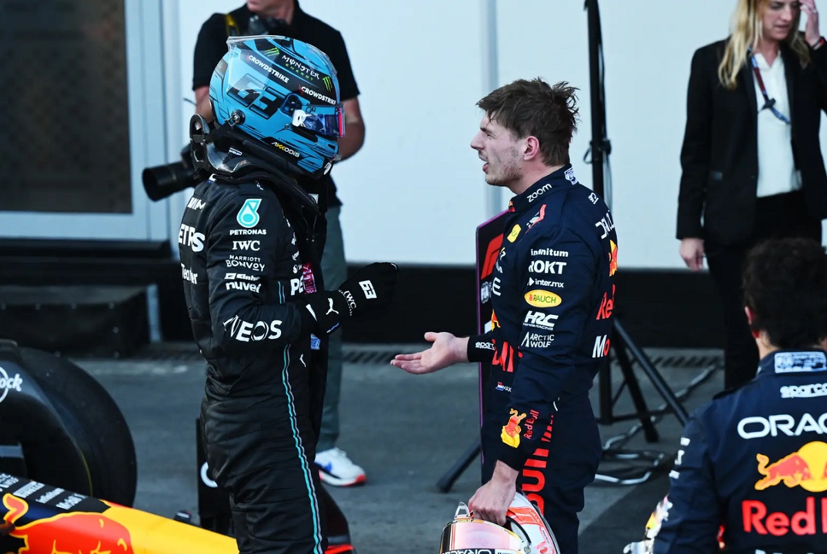 Verstappen le reprocha a Russell por el incidente en la largada en el parque cerrado. (Simon Galloway)