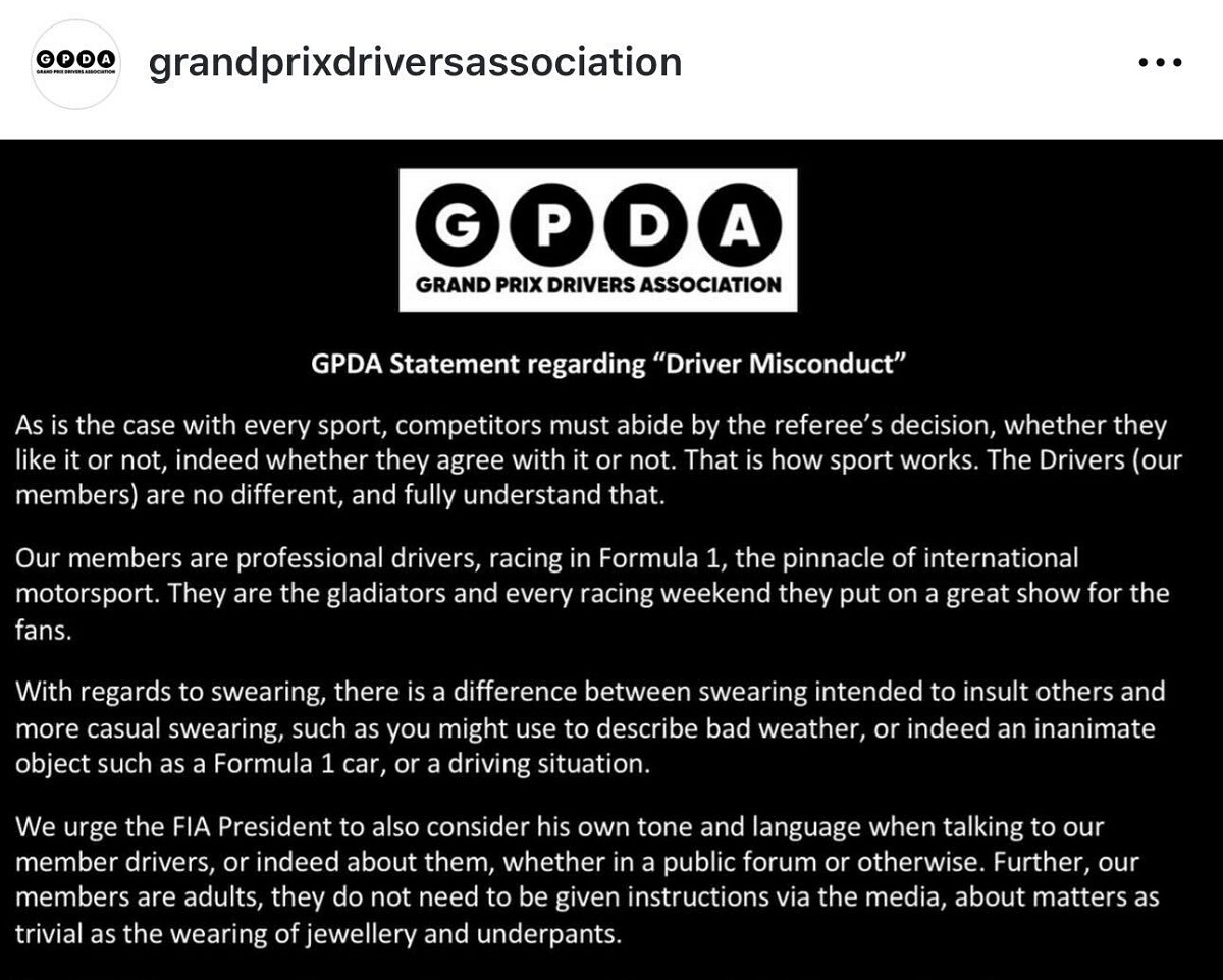 La declaración de la GPDA difundida por Instagram. (Cuenta de GPDA / @grandprixdriversassociation)